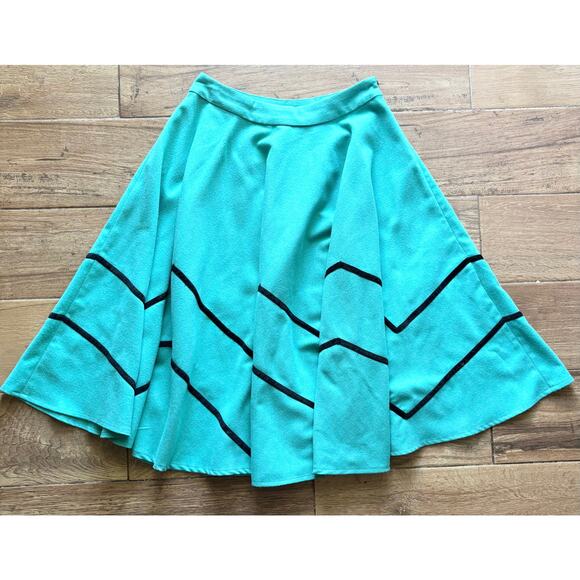 Collectif Milla Teal Chevron Black Velvet Stripe Knee Length Swing Skirt Size XS - Picture 2 of 8